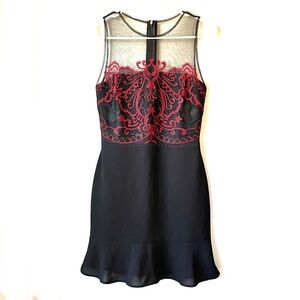 🏷️ 2/$20 Greylin Black and Red Embroidered Illusion Neckline Cocktail Dress